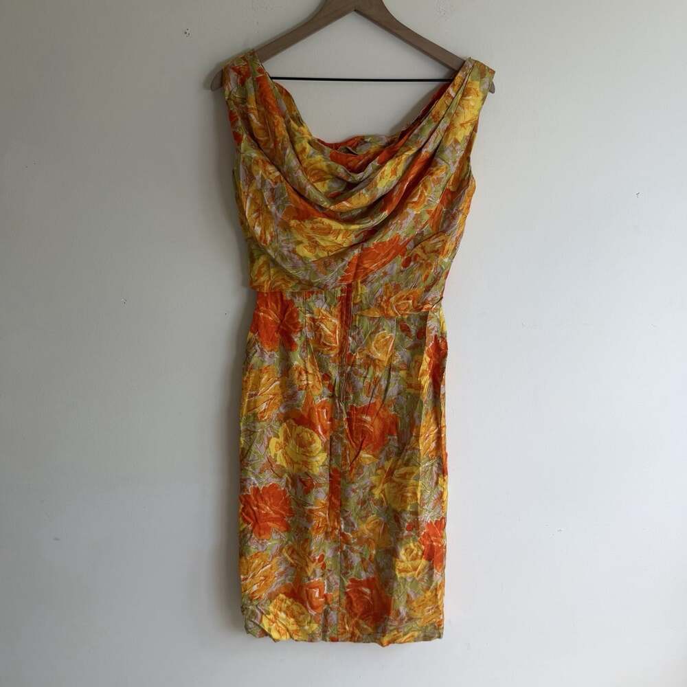 Vintage 50s Suzy Perette New York Floral Satin Sheath Wiggle Dress ILGWU Size 8 - Picture 3 of 5